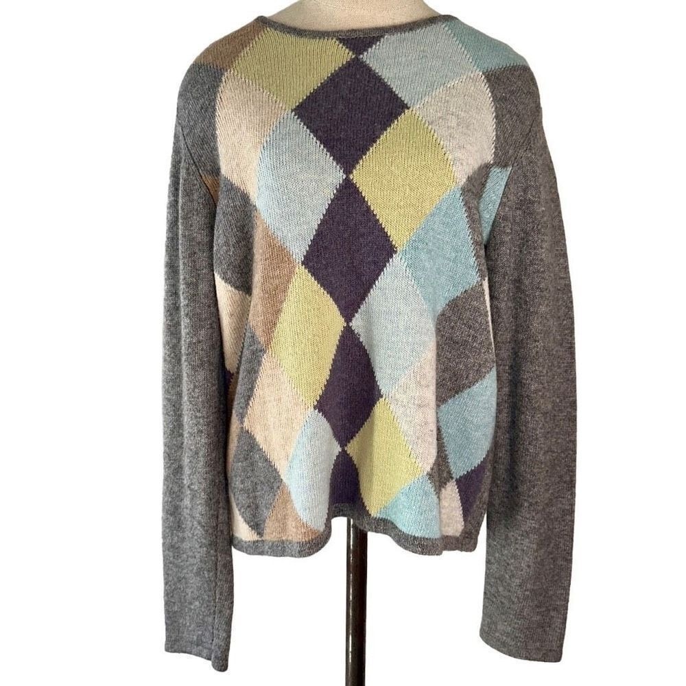 Vintage 90s Y2K Valerie Stevens Argyle Sweater Wool Cashmere Gray Multi Preppy